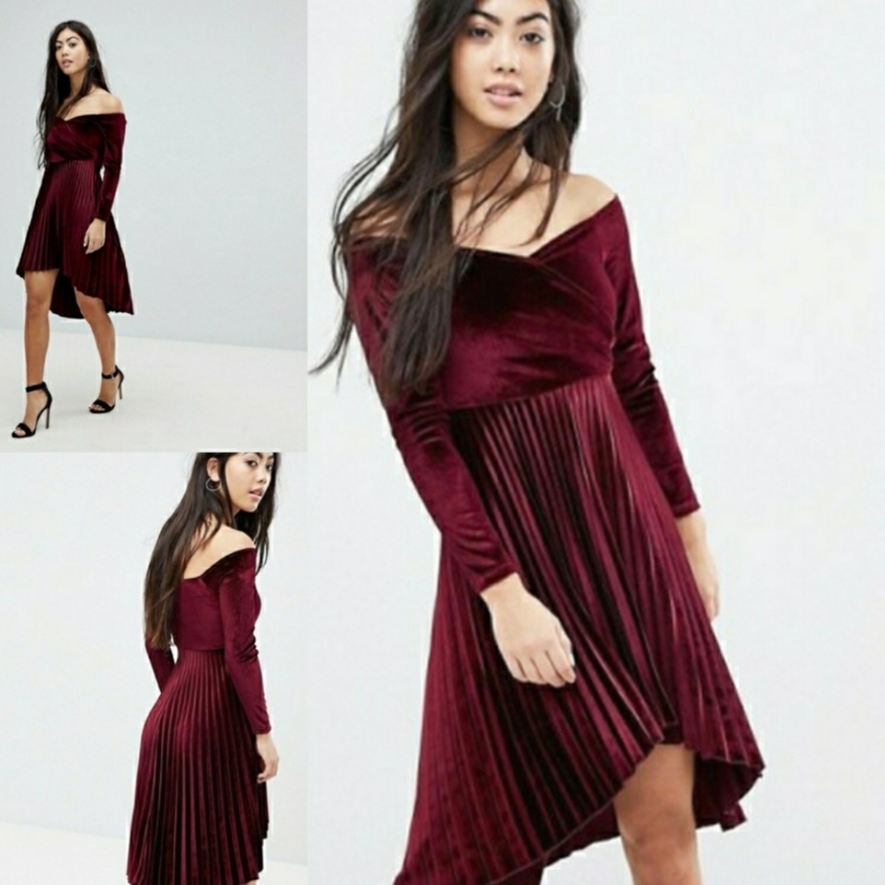 ASOS Bardot Velvet Wrap Pleated Dress Burgundy 2